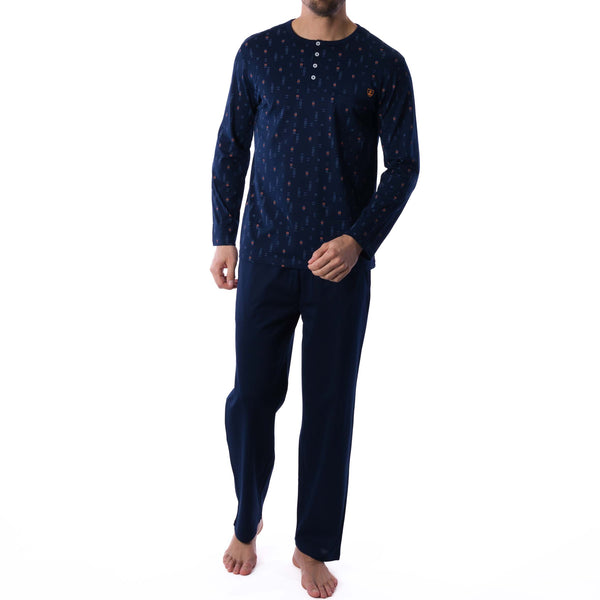 Pyjama Col Boutonné en Jersey de Coton Mercerisé Imprimé Bleu Marine