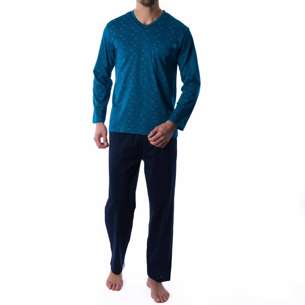 Pyjama Col V en Jersey de Coton Mercerisé Imprimé Bleu Pétrole