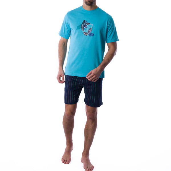 Pyjama's met ronde hals in marinegekamd katoenjersey en gemarmerd blauw