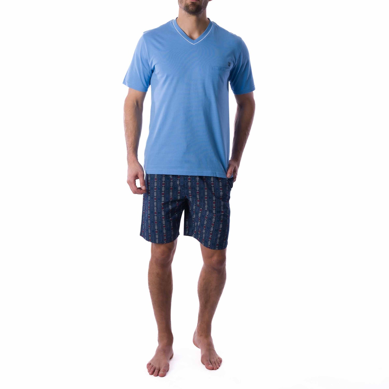 Short Pajamas in Blue and Navy Combed Cotton Jersey and Printed Poplin