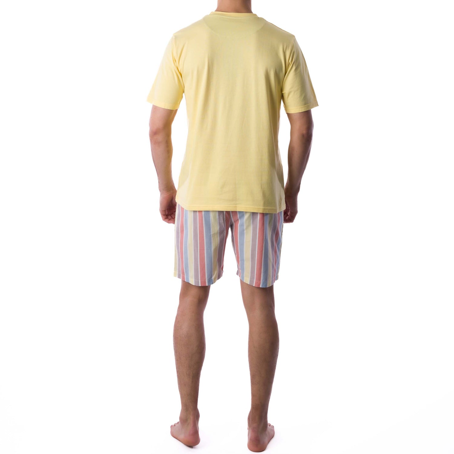 Short Pajamas in Combed Cotton Jersey and Yellow and Blue Striped Poplin