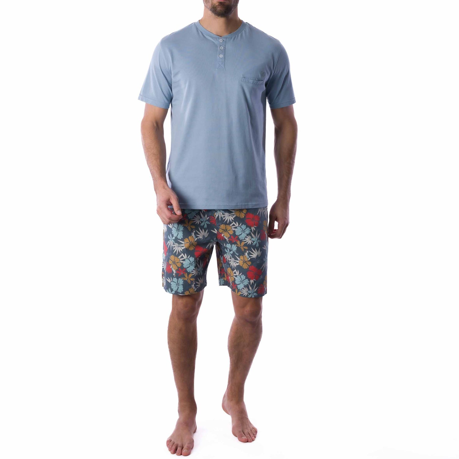 Short Pajamas in Combed Cotton Jersey and Blue and Gray Printed Poplin