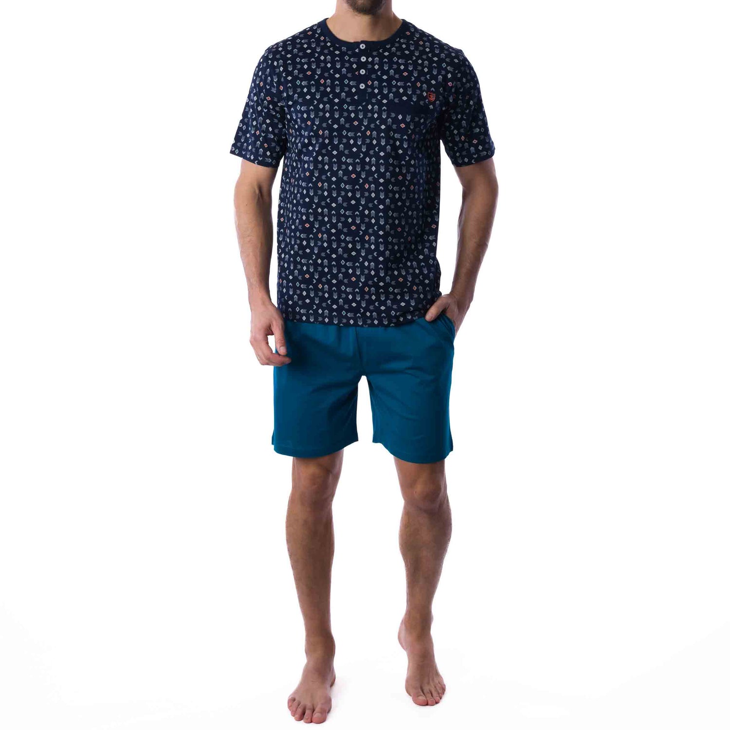 Short Pajamas with Buttoned Collar in Navy and Blue Printed Mercerized Cotton Jersey