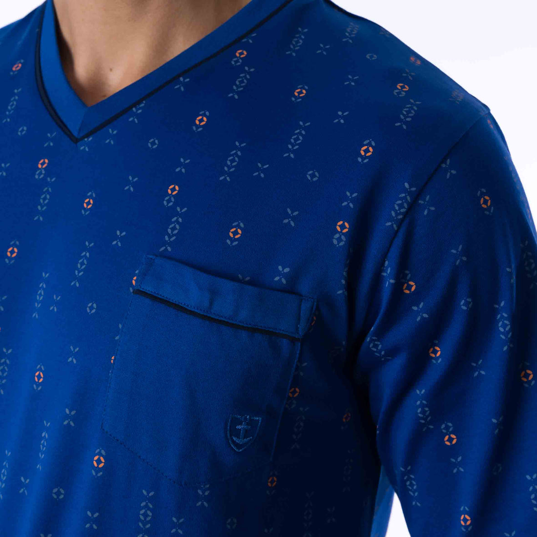 Pyjama Court col V en Jersey de Coton Mercerisé imprimé Marine et Bleu