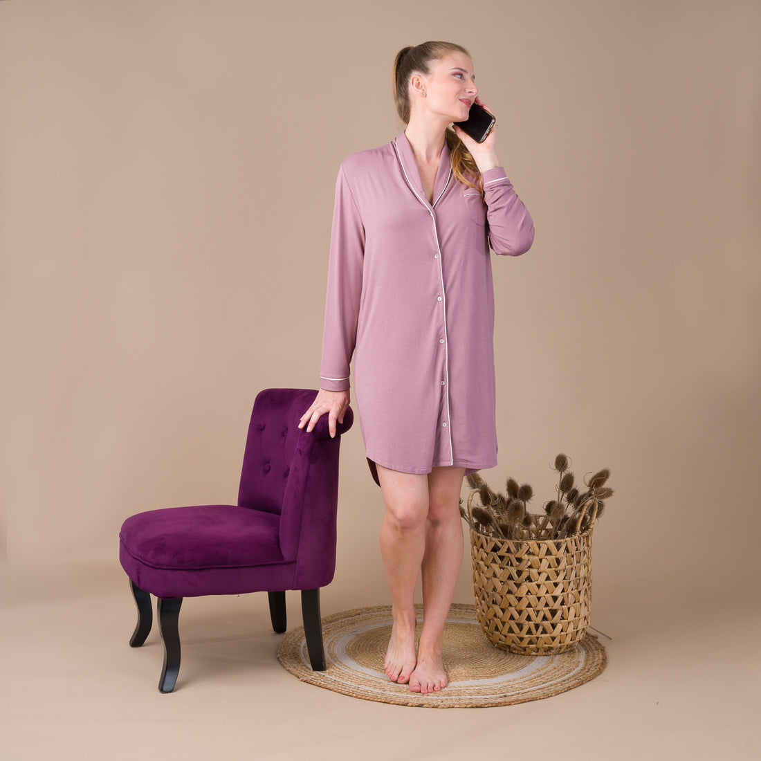 Liquette Femme Boutonnée en Maille Micromodal Stretch Taupe Rosé BF802