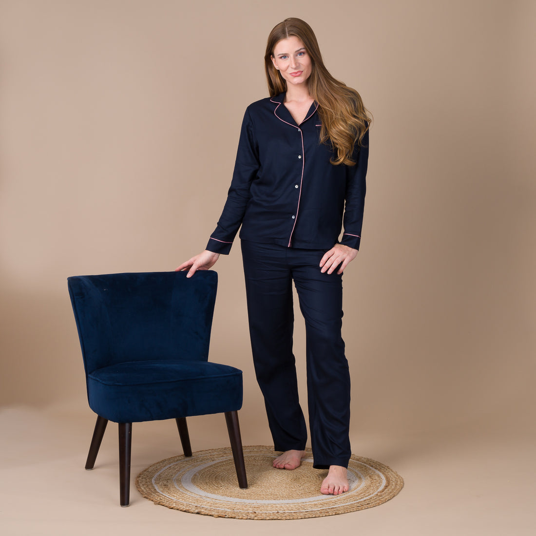 Pyjama Femme Boutonné en Viscose Bleu Marine BF407