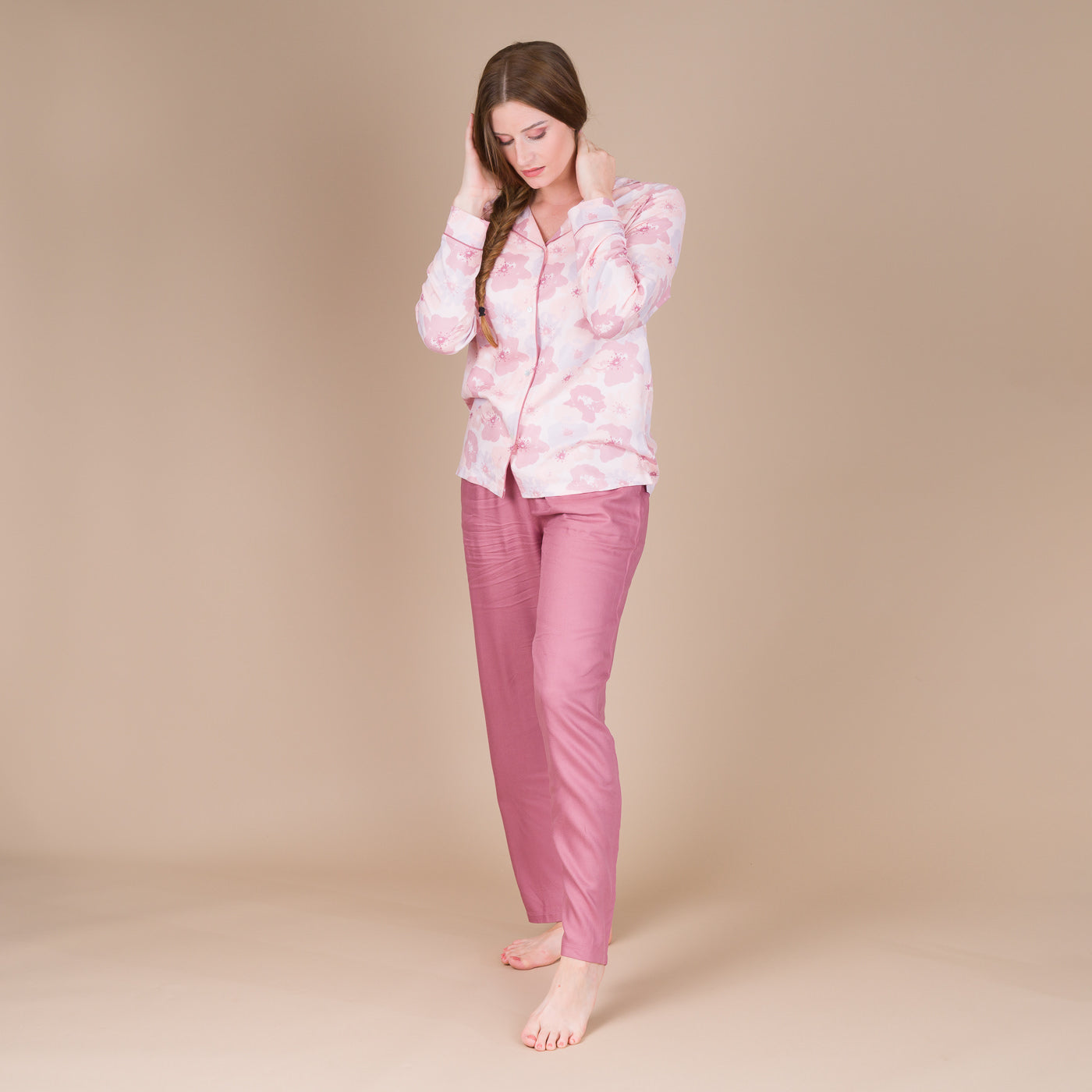 Pyjama Femme Boutonné en Viscose Imprimée Rose Orchidée