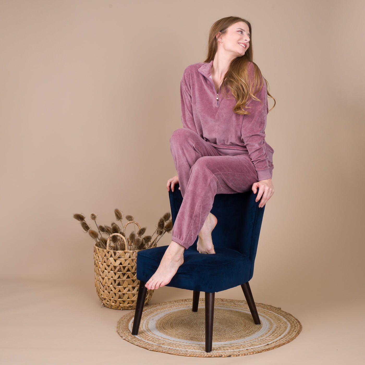 Pyjama Femme Col Zippé en Velours Taupe Rosé