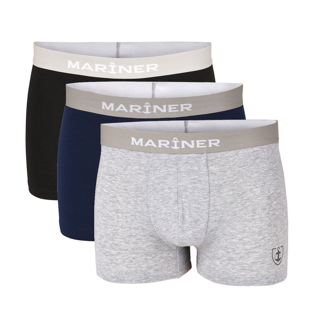 Lot de 3 shortys en coton stretch pour homme - noir, bleu marine, et gris chiné.